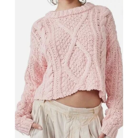 Free People Cutting Edge Pink Chunky Cableknit Crop Sweater Pullover Large - Picture 9 of 9